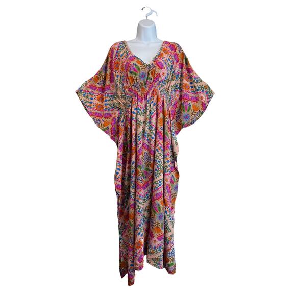 NATURAL LIFE Dresses & Skirts - Natural Life Womens L Sanibel Kaftan Maxi Pink Floral Diamond Boho Coastal Cool